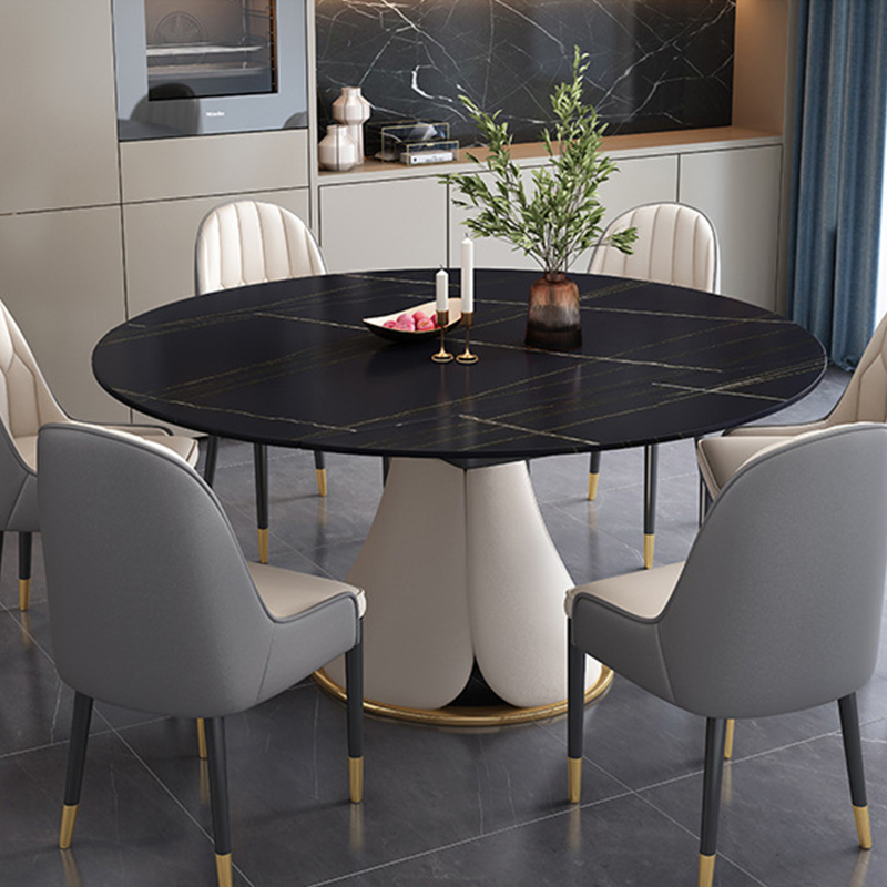 Conjunto de Jantar Redondo de Mármore com Tampo de Pedra Sinterizada Moderna de Luxo e Pernas Douradas Simples 6 Lugares
