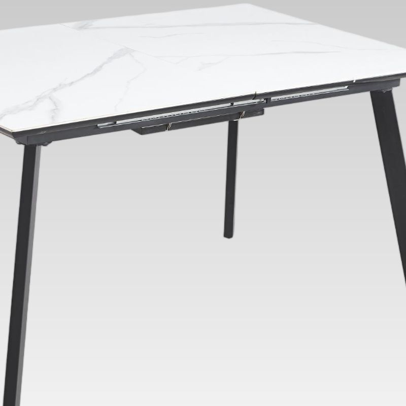 Mesa de Jantar Moderna Branca Extensível com Topo de Melamina e Base de Tubo de Ferro Preto para Móveis de Casa