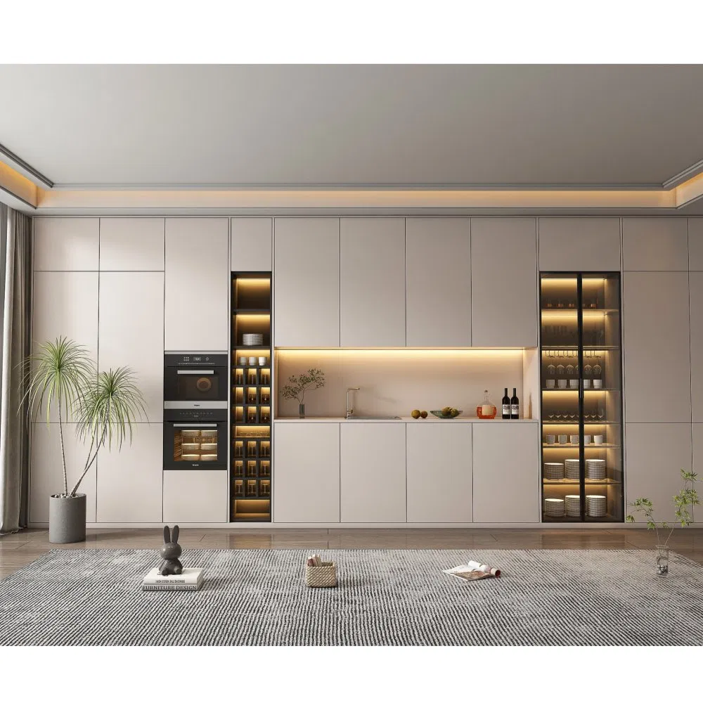Buffet de Jantar em Painel de Partículas com Portas de Vidro e Faixa de Luz LED