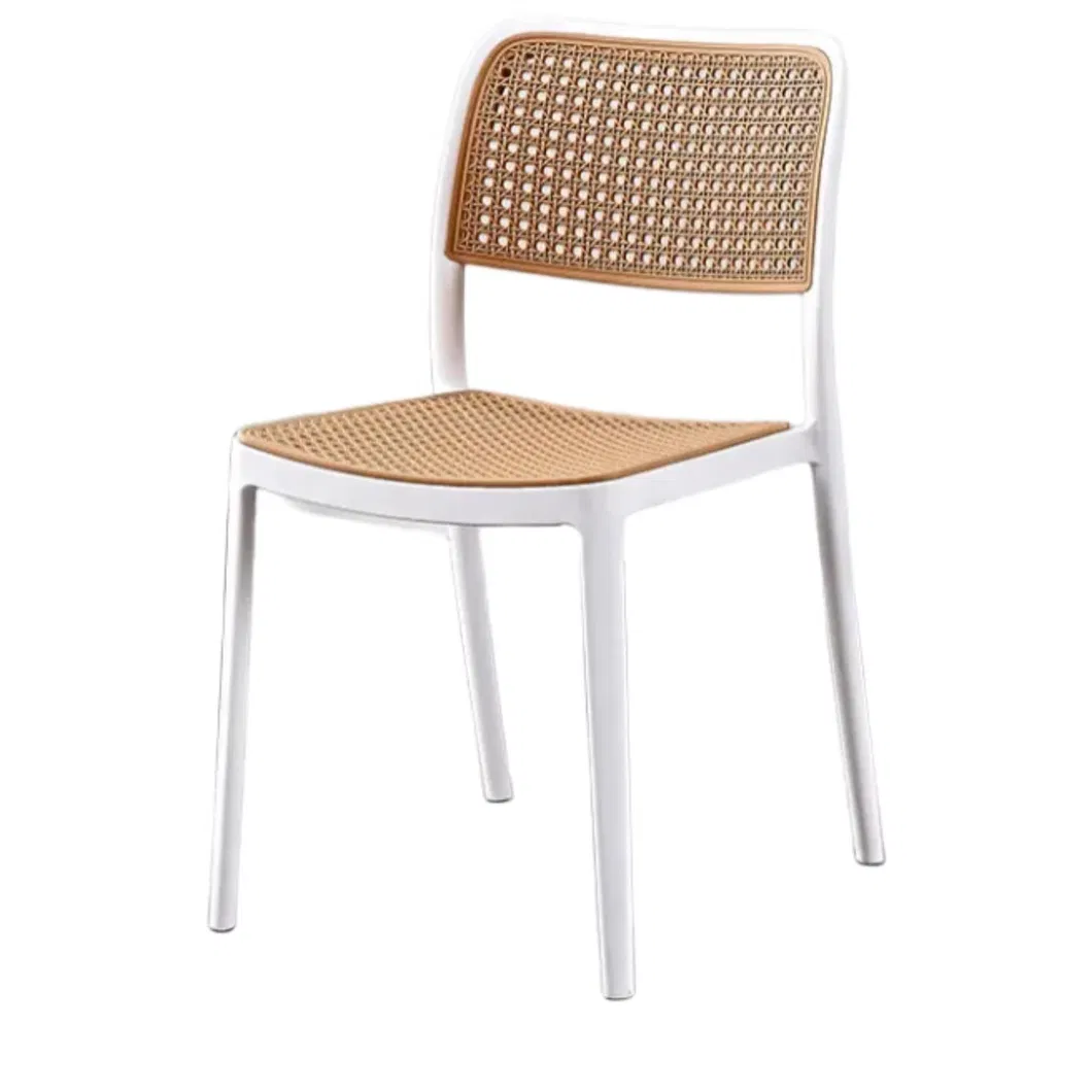 Cadeiras de Jantar Estofadas em Couro com Encosto de Vime Sem Braços Empilháveis de Rattan