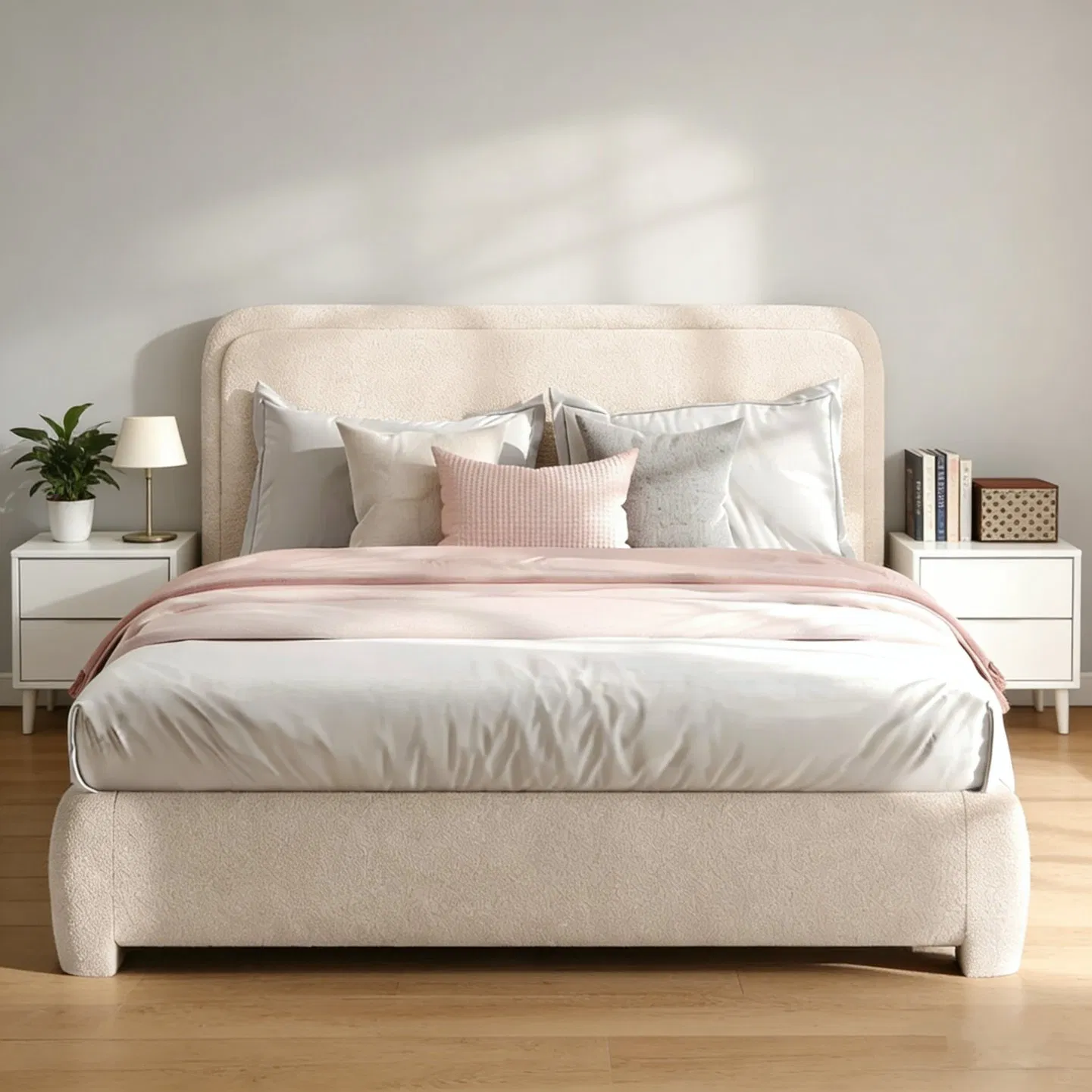Cama com Estofado em Bucle Multicolorido, Cabeceira Moderna e Macia, Cama Plataforma