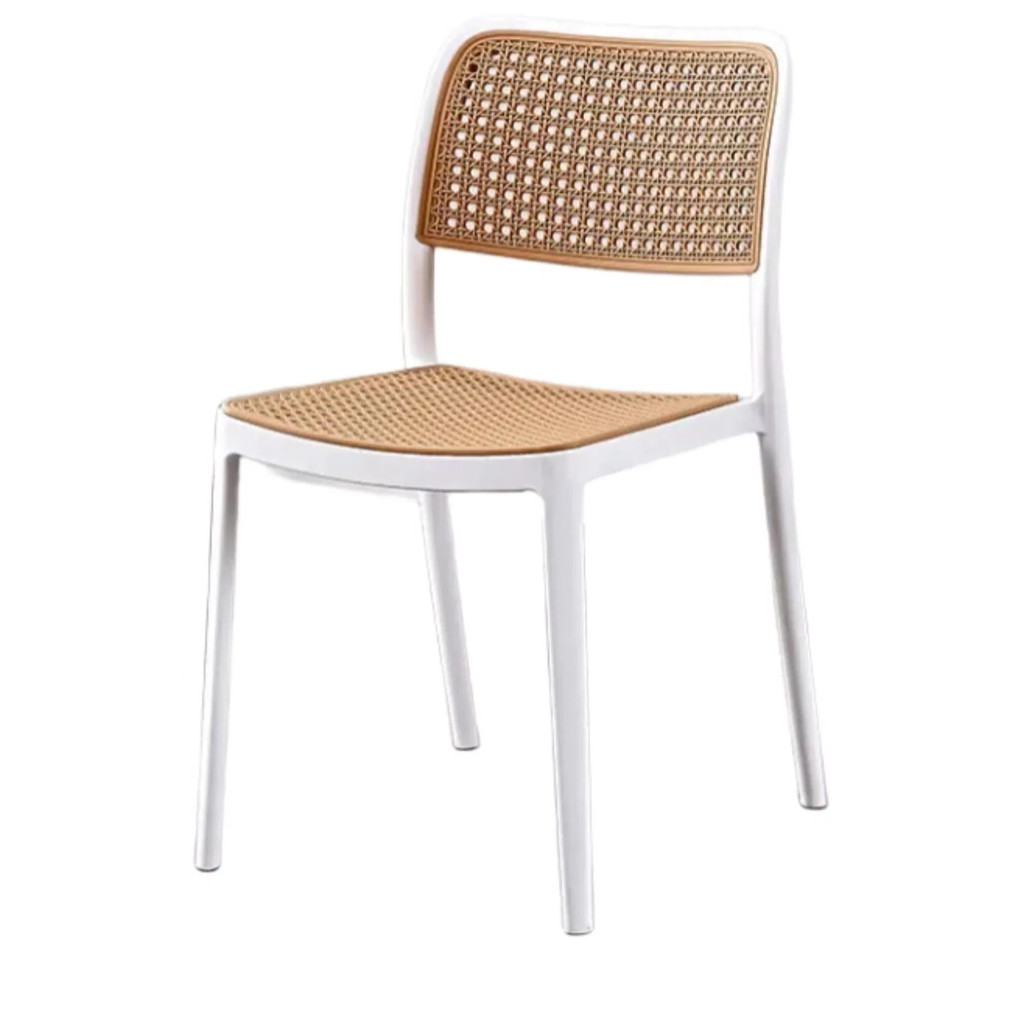 Cadeiras de Jantar Estofadas em Couro com Encosto de Vime Sem Braços Empilháveis de Rattan