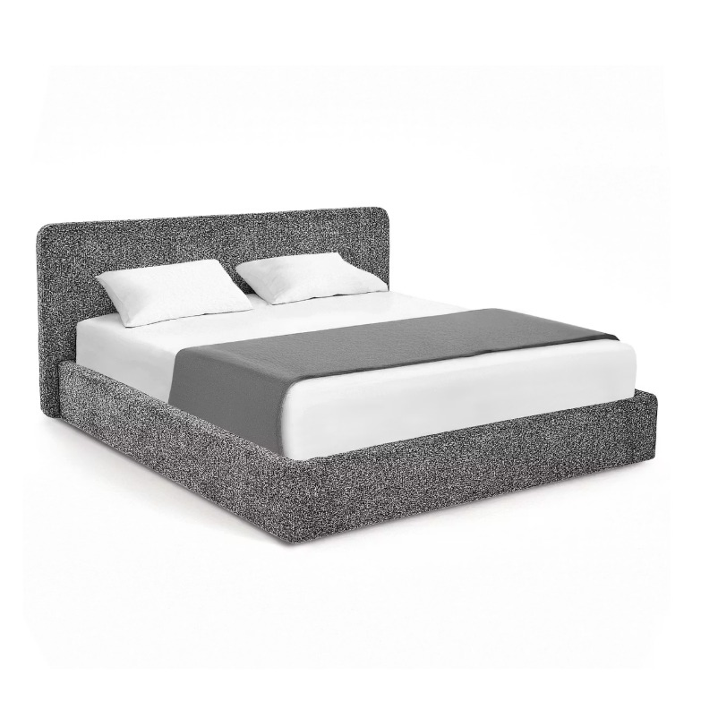 Cama de Quarto Estilosa Cama Contemporânea com Levantamento Cama Estofada em Tecido Boucle Cinza Cama com Espaço de Armazenamento Oculto Estrutura de Baixa Profundidade Cama Plataforma