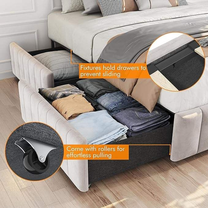 Fabricante Atacado Cama Plataforma Estofada, 4 Gavetas de Armazenamento, Grande Espaço de Armazenamento Barras de Madeira Sólida/Antiderrapante e Sem Ruído