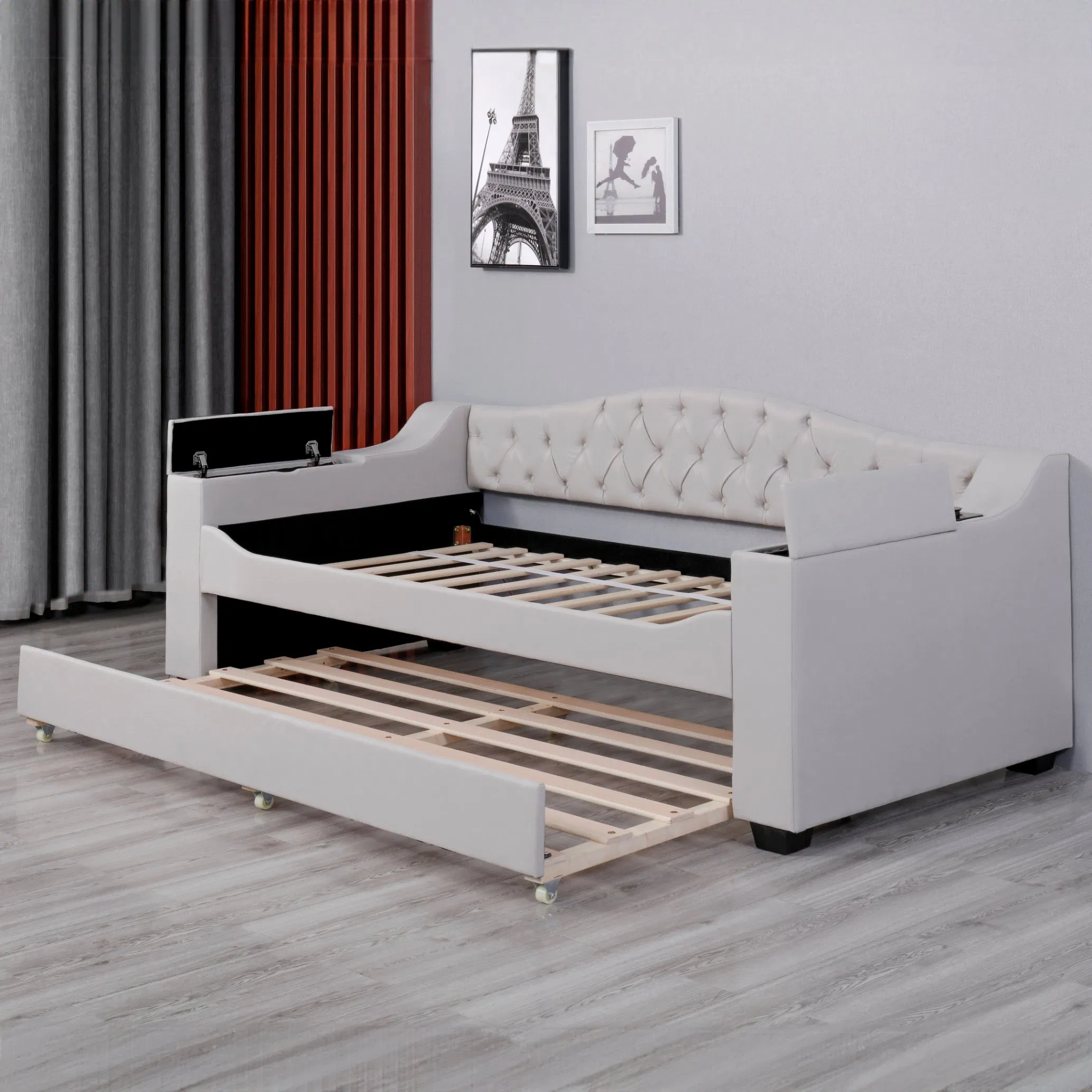 Sofá Chesterfield de madeira com armazenamento personalizado Huayang, designs dobráveis, OEM, carregamento sem fio com porta de carregamento