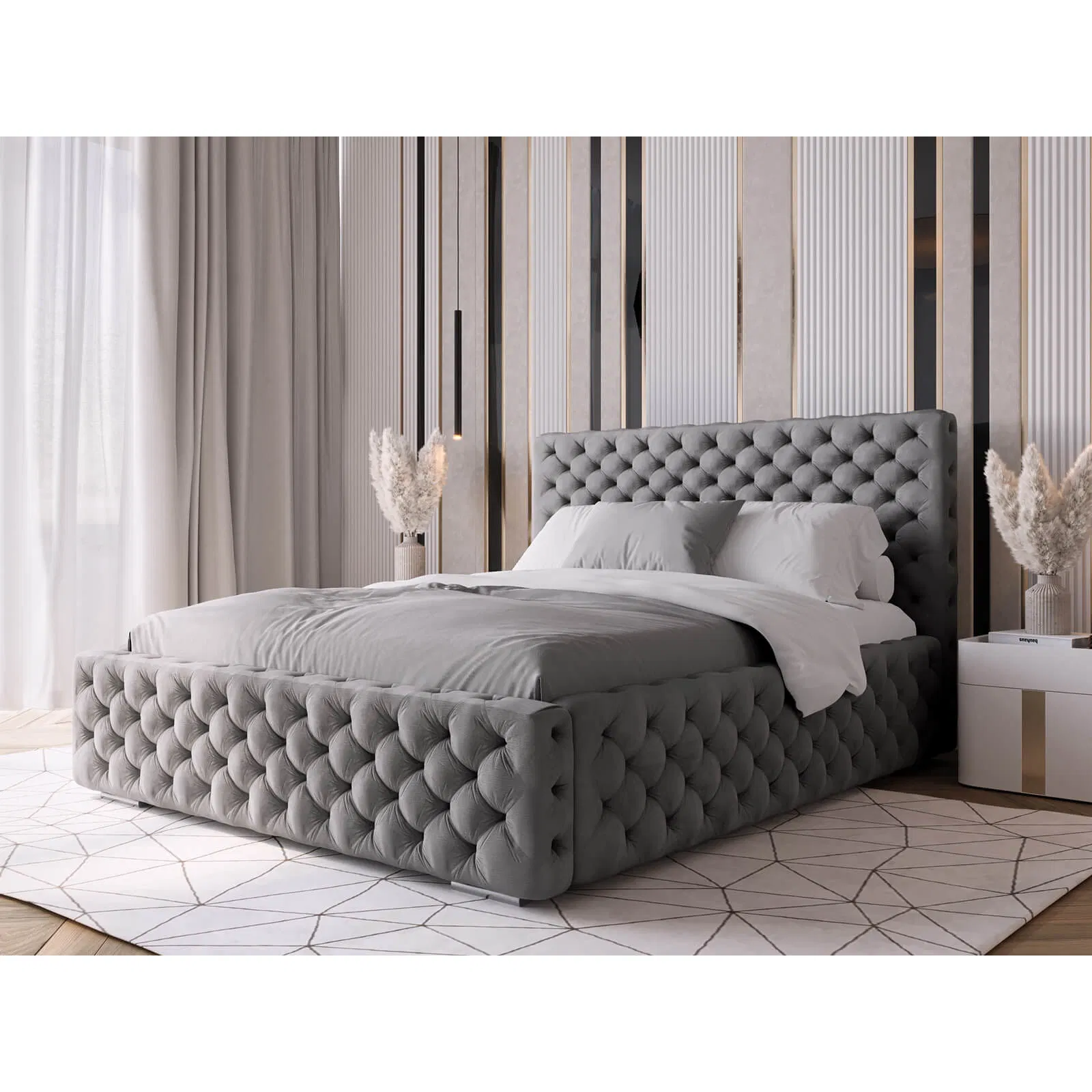 Cama de armazenamento de luxo italiana tamanho queen king com estofamento macio, cama de armazenamento com design de estrutura metálica que economiza espaço, móveis para quarto da UE com FSC