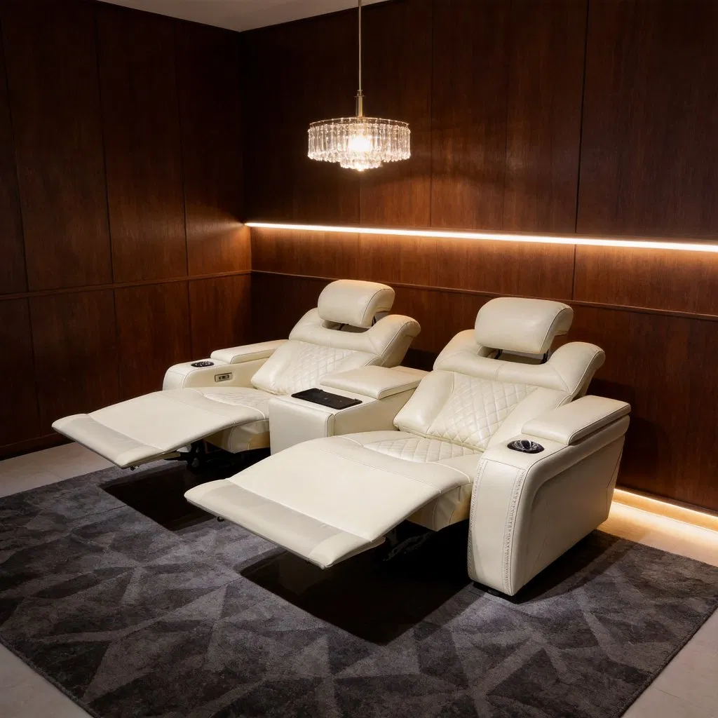 Conjunto de Poltronas de Cinema VIP Reclináveis com Energia, Reclinável Elétrico para Home Theatre VIP com Porta USB e Carregamento Sem Fio, Fábrica OEM&ODM