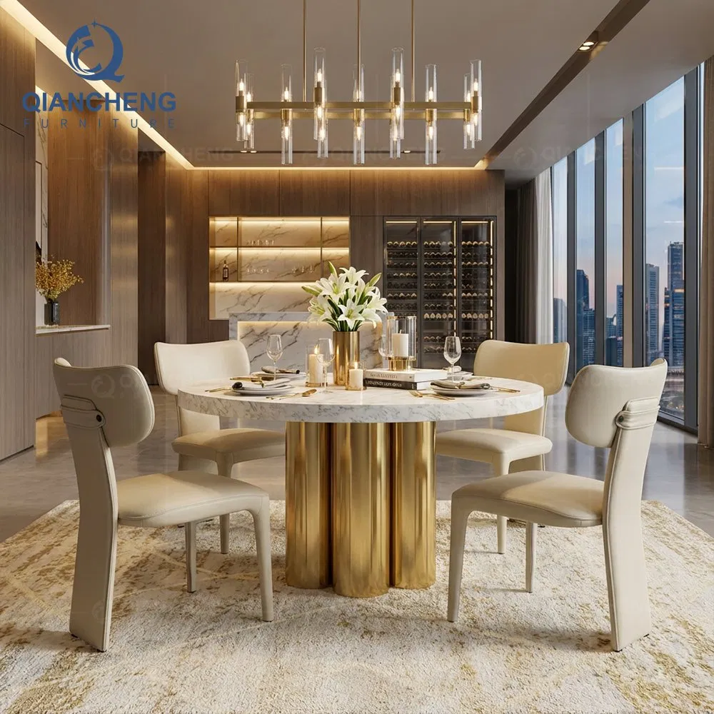 Mesa de Restaurante Redonda de Mármore Luxuosa Italiana com Base de Coluna Pedestal Dourada, Mesa de Jantar Sob Medida para Móveis de Casamento em Villa