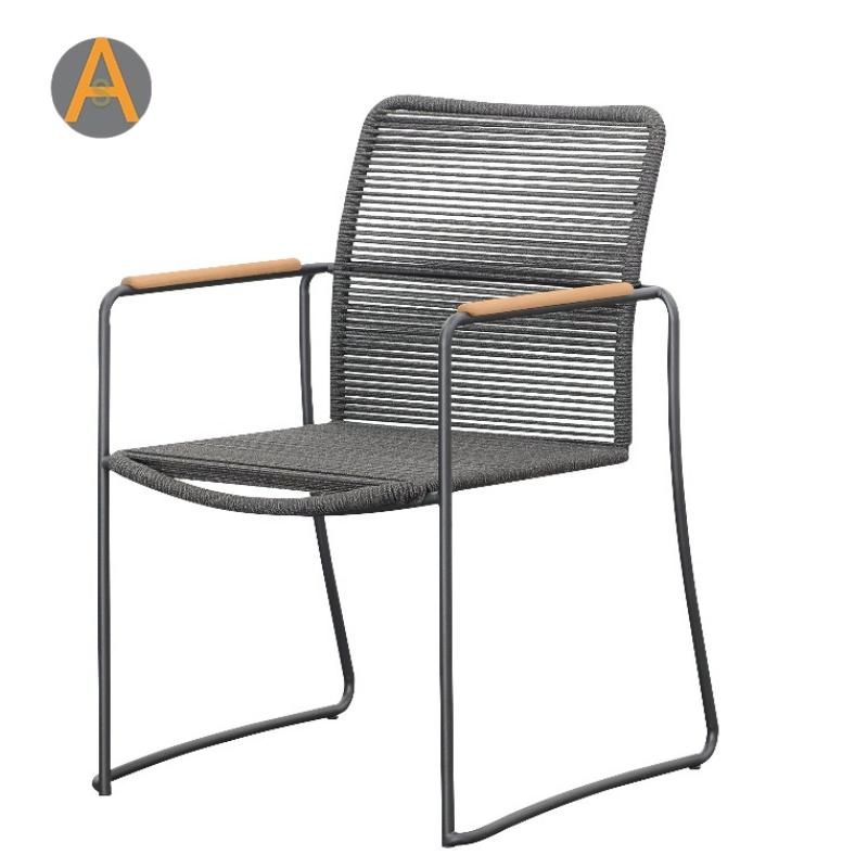 Móveis de Restaurante e Café para Pátio com Teares Manuais Modernos, Estrutura de Aço Inoxidável, Nova Corda, Cadeira de Braço Reclinável para Exterior em Teak