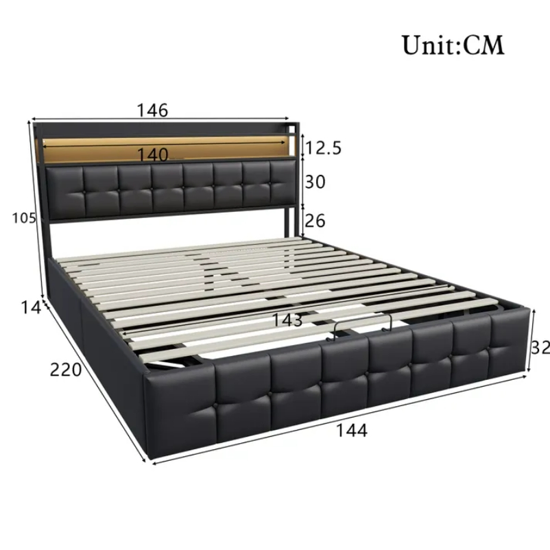 Mecanismo de Cama Dobrável para Quarto com Economia de Espaço, Cama com Armazenamento Integrado e Gavetas de Armazenamento, Cama Estofada