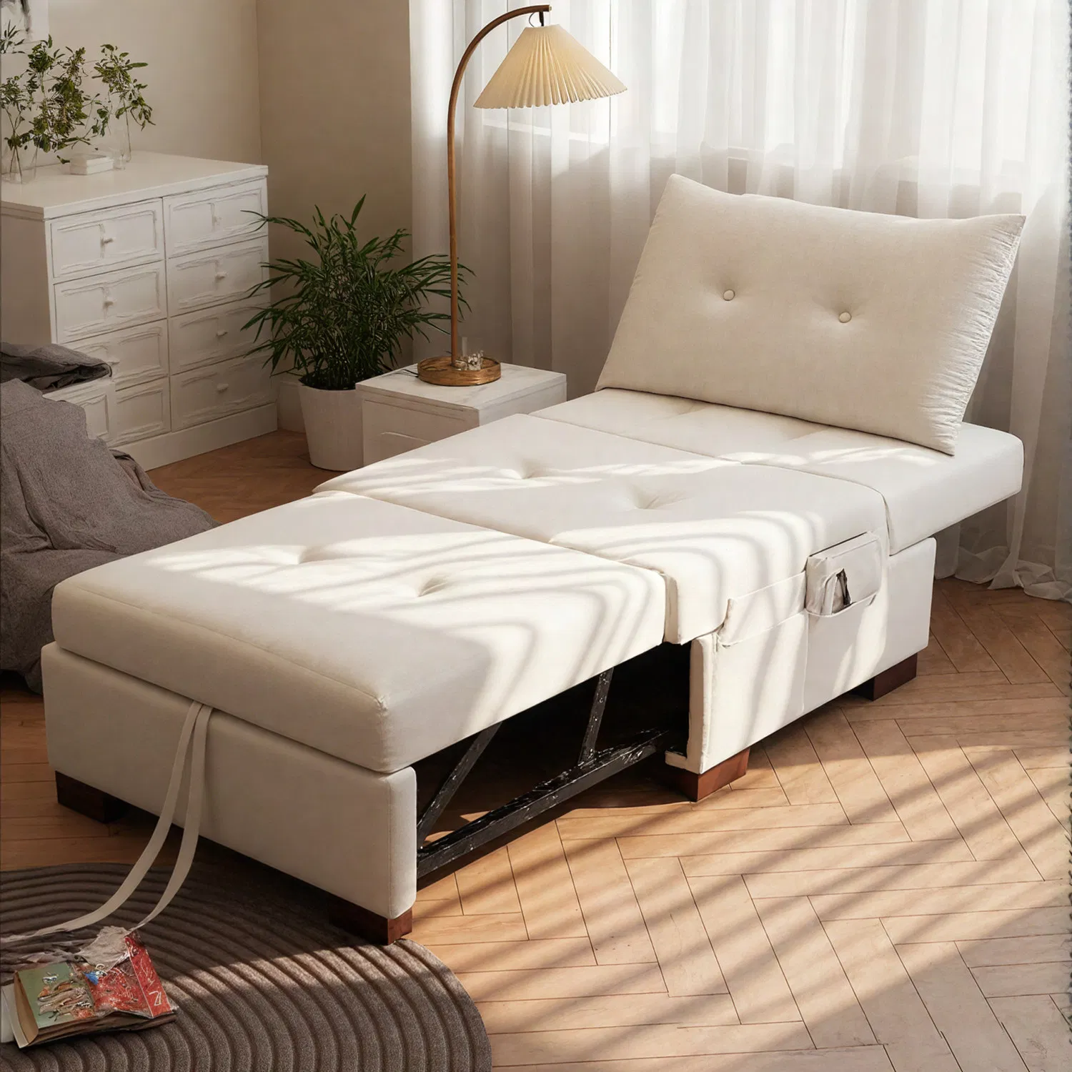 Sofá Cama Individual de Atacado com Cama 3-in-1 Sofá Cama Conversível em Tecido Linho Moderno para Sala de Estar de Apartamento Estudo