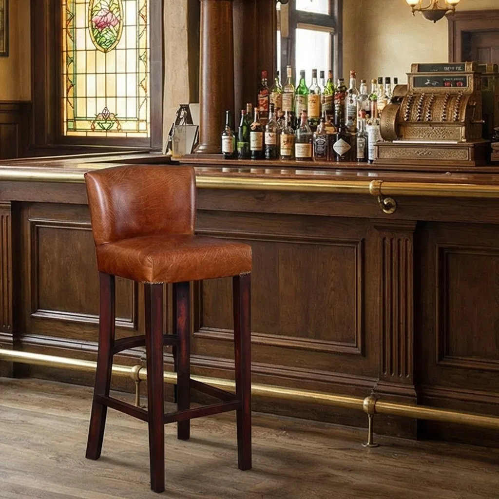 Cadeira de Bar de Couro Vintage Estilo Americano Clássico Sem Braços de Madeira para Móveis de Restaurante e Hotel