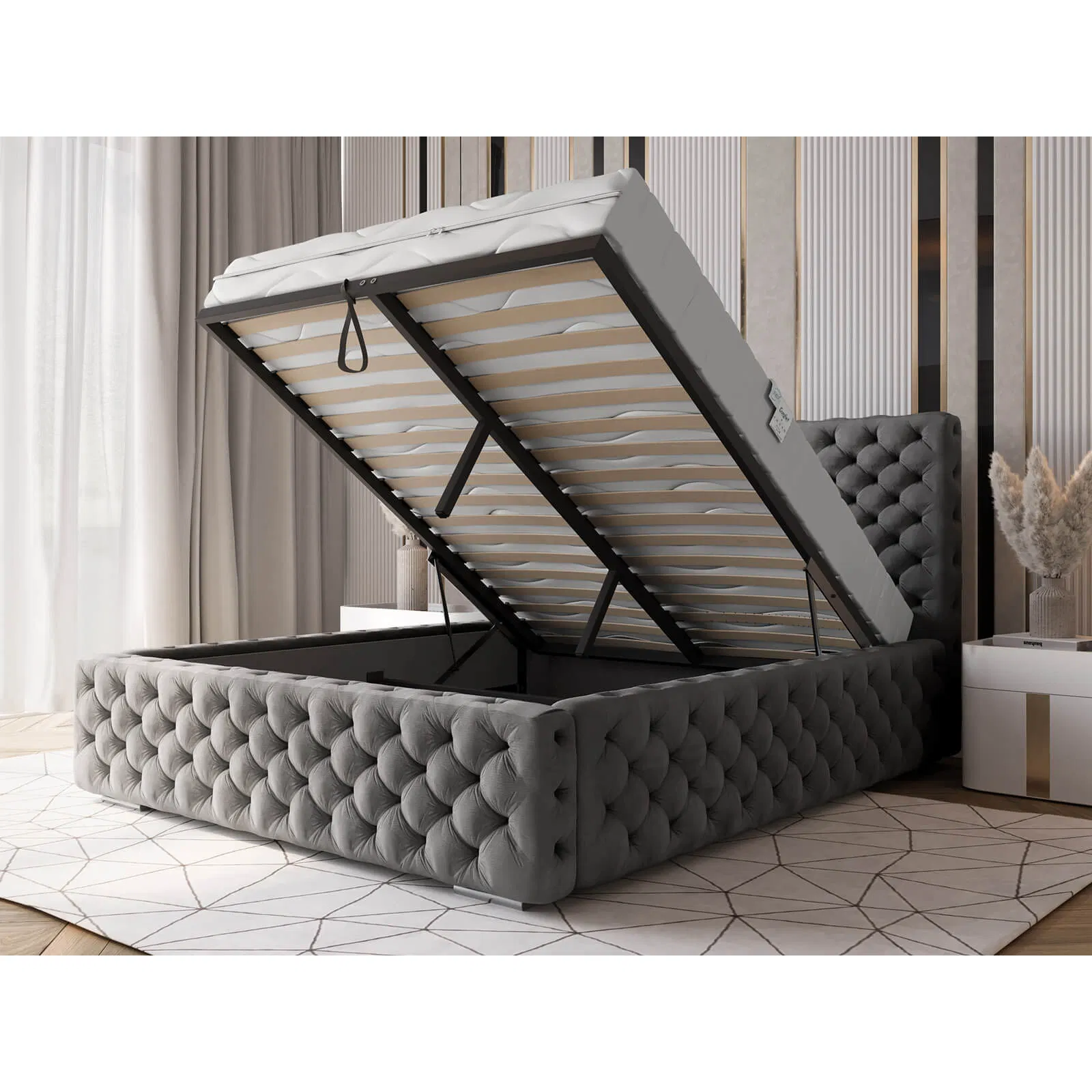 Cama de armazenamento de luxo italiana tamanho queen king com estofamento macio, cama de armazenamento com design de estrutura metálica que economiza espaço, móveis para quarto da UE com FSC