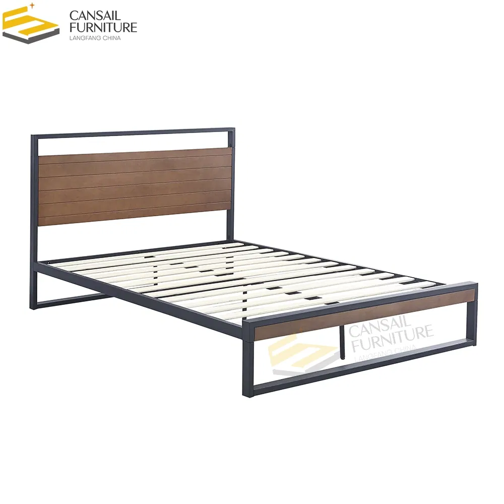 Estrutura de Cama Baixa de Metal com Cabeceira de Madeira, Cama Plataforma com Estrutura de Madeira com Ripas
