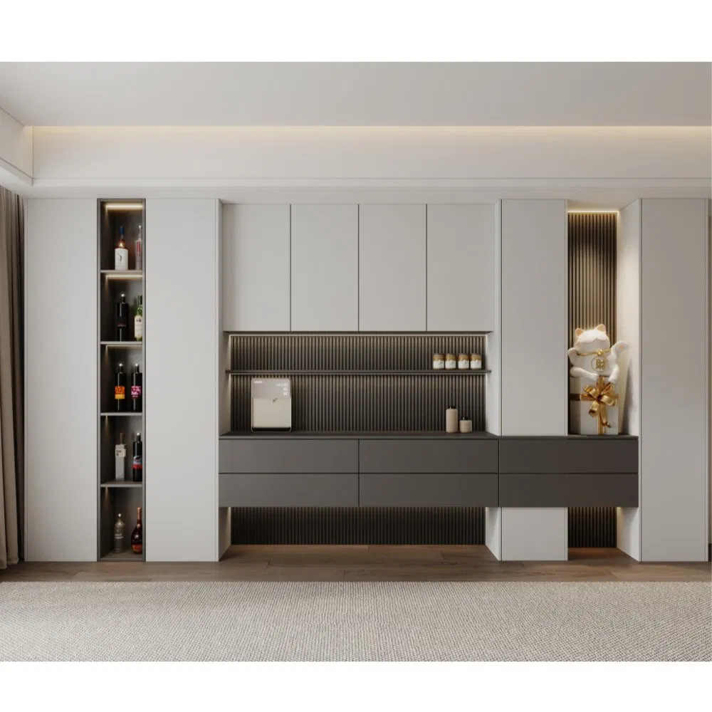 Buffet de Jantar em Painel de Partículas com Portas de Vidro e Faixa de Luz LED