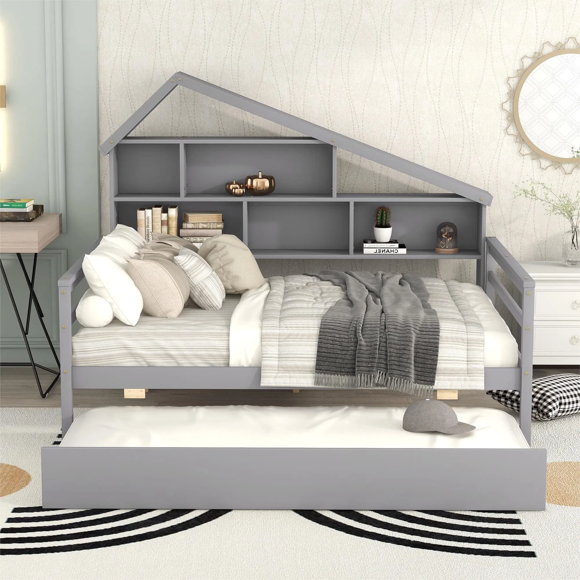 Cama de Plataforma Dupla em Couro PU com Cabeceira em Forma de Orelhas de Carton