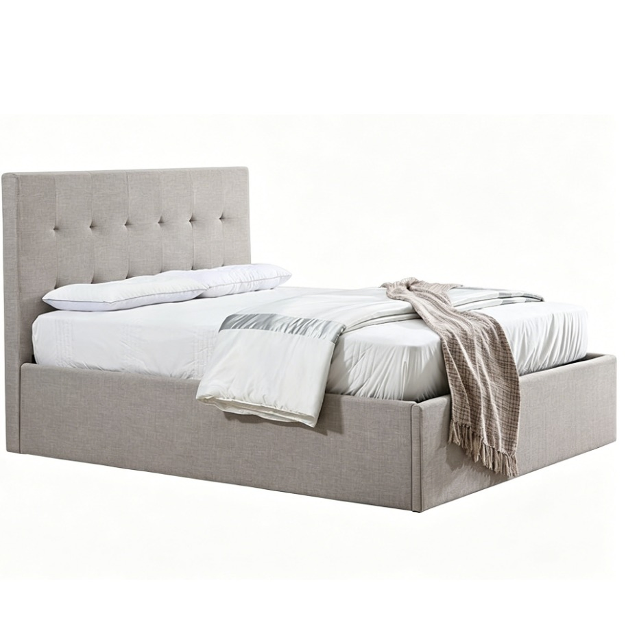 Plataforma de Cama Estofada com Pistão a Gás Cama King Size com Estrutura Dobrável Cama com Armazenamento em Container para Colchão