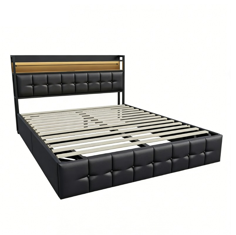 Mecanismo de Cama Dobrável para Quarto com Economia de Espaço, Cama com Armazenamento Integrado e Gavetas de Armazenamento, Cama Estofada