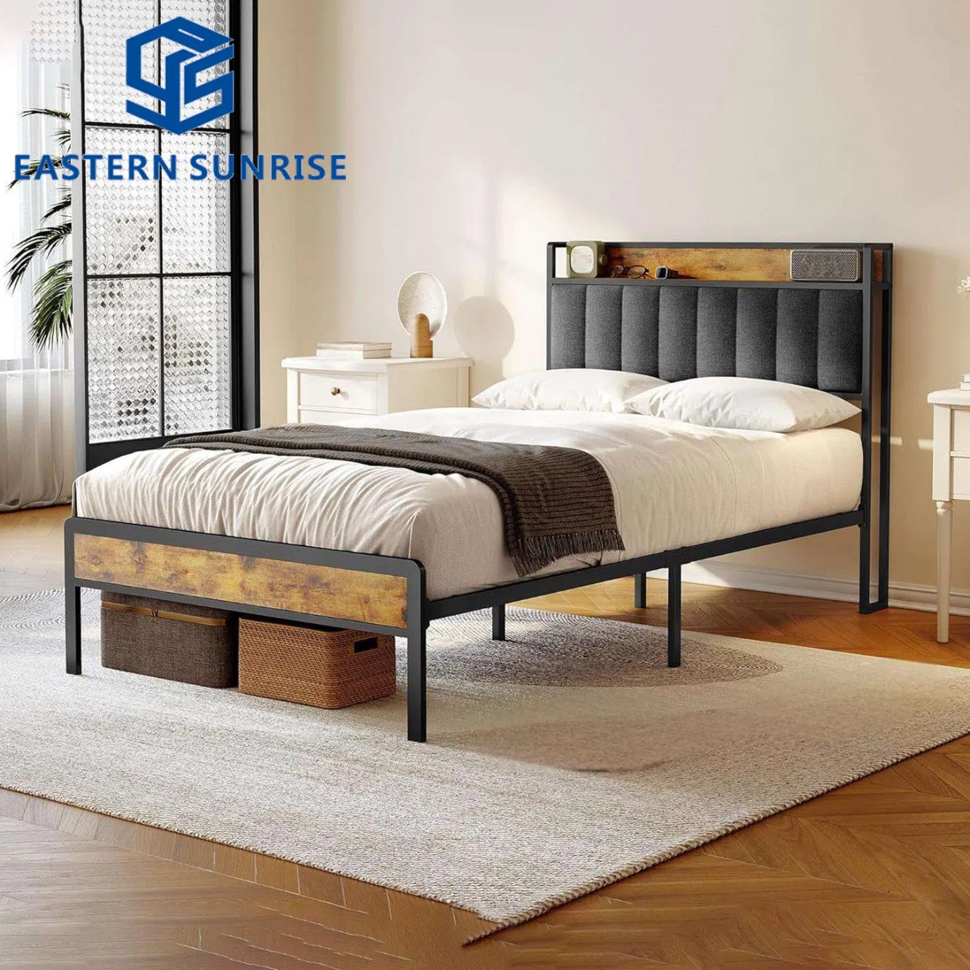 Cama Queen Estofada de Madeira Rústica com Espaço de Armazenamento Abaixo da Cama