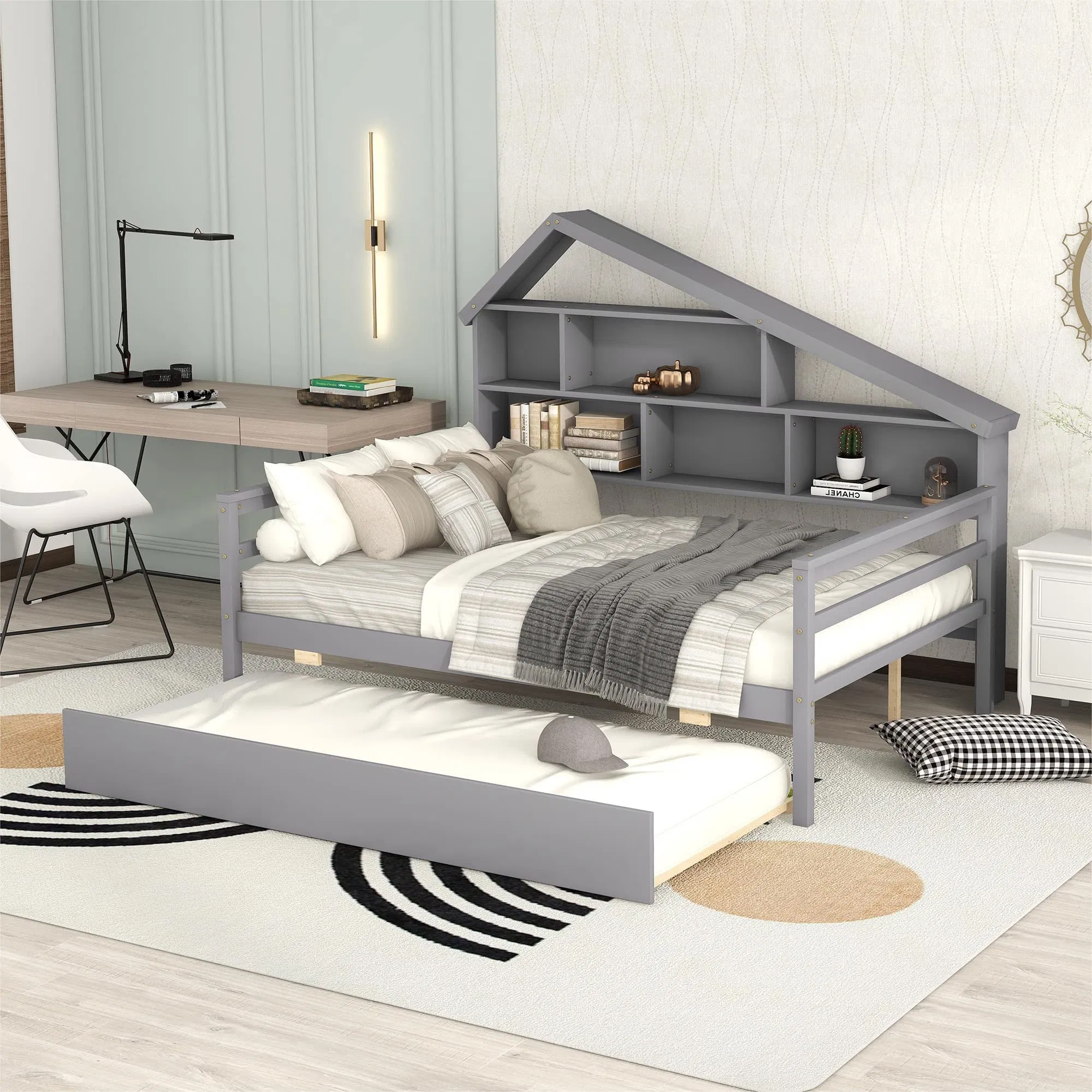 Cama de Plataforma Dupla em Couro PU com Cabeceira em Forma de Orelhas de Carton