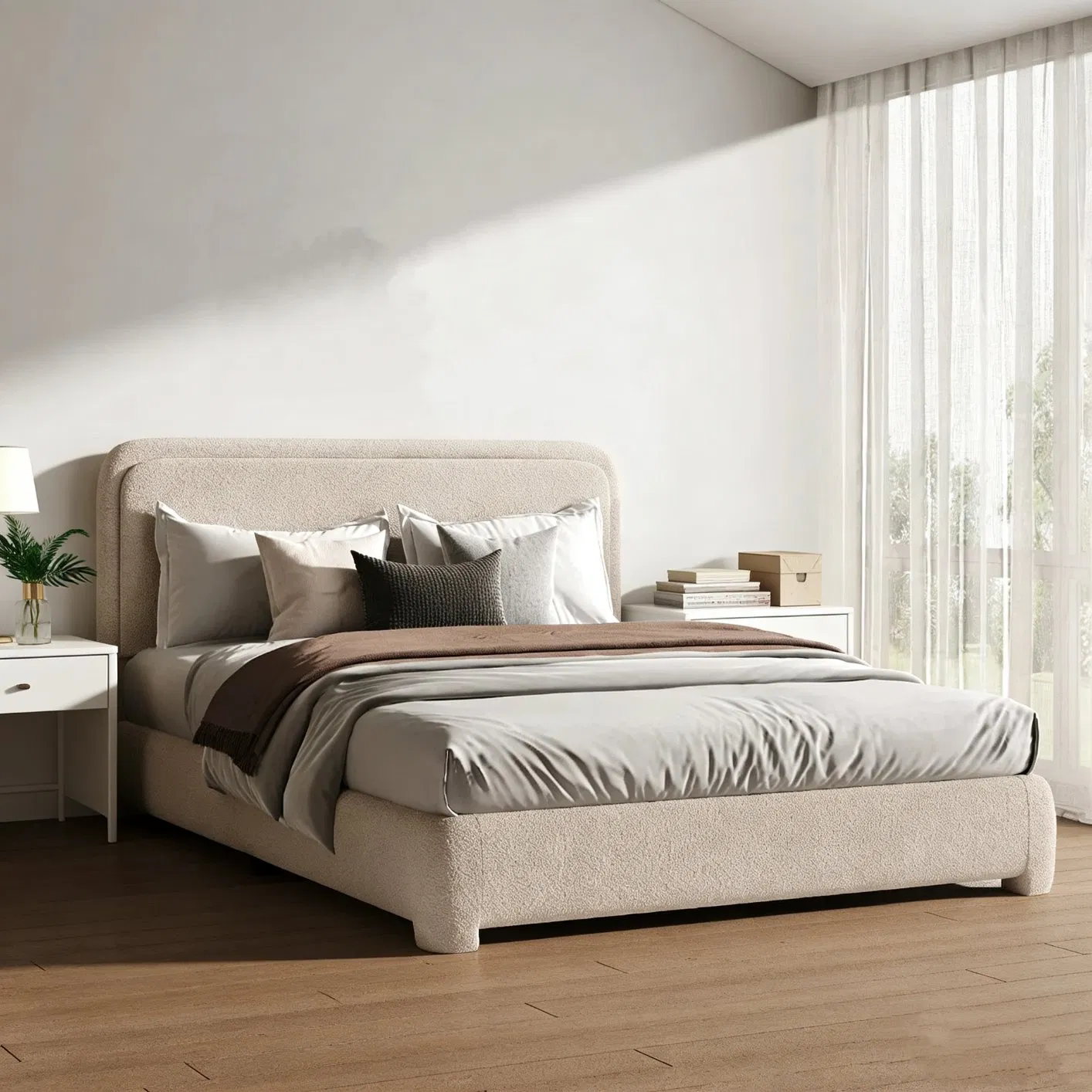 Cama com Estofado em Bucle Multicolorido, Cabeceira Moderna e Macia, Cama Plataforma