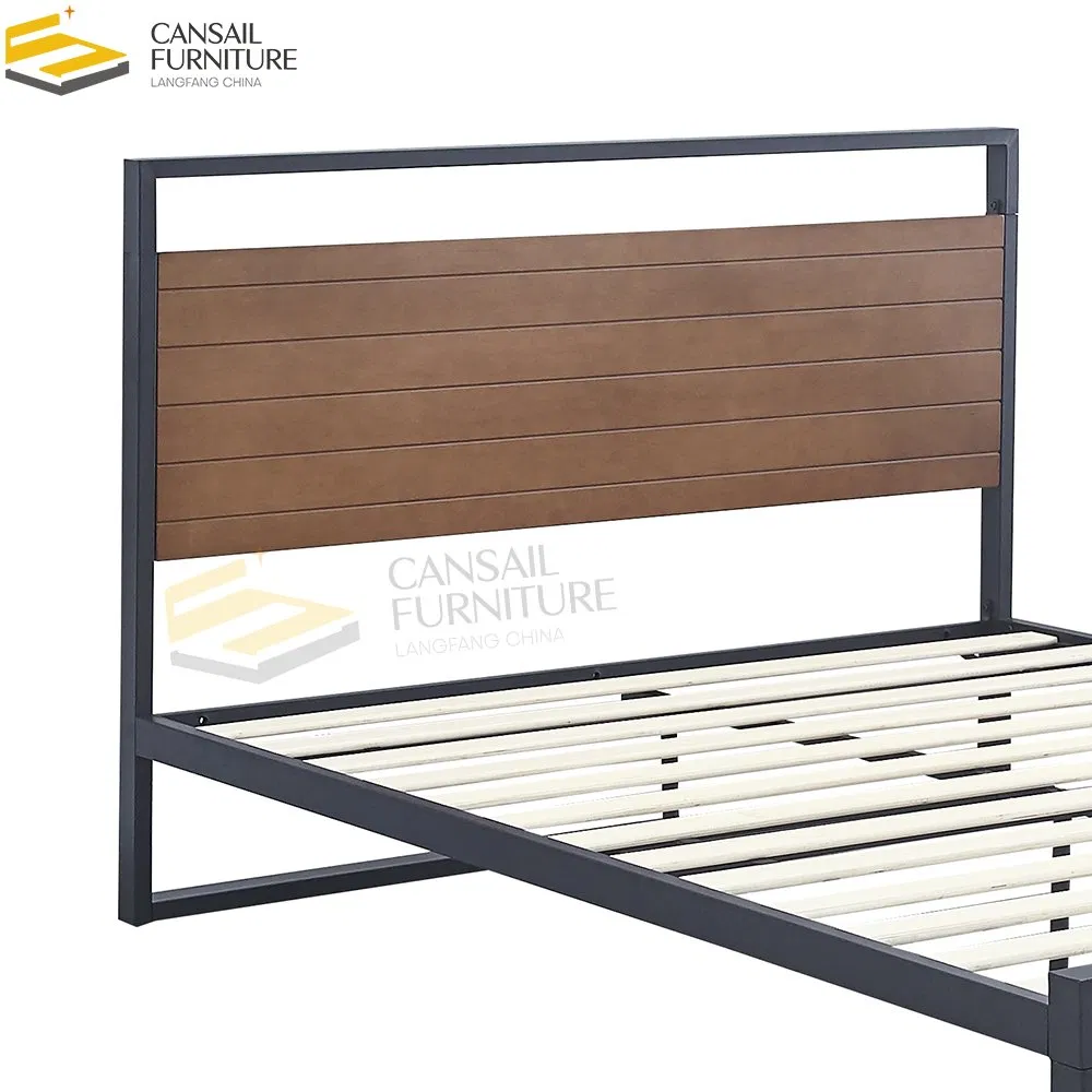 Estrutura de Cama Baixa de Metal com Cabeceira de Madeira, Cama Plataforma com Estrutura de Madeira com Ripas