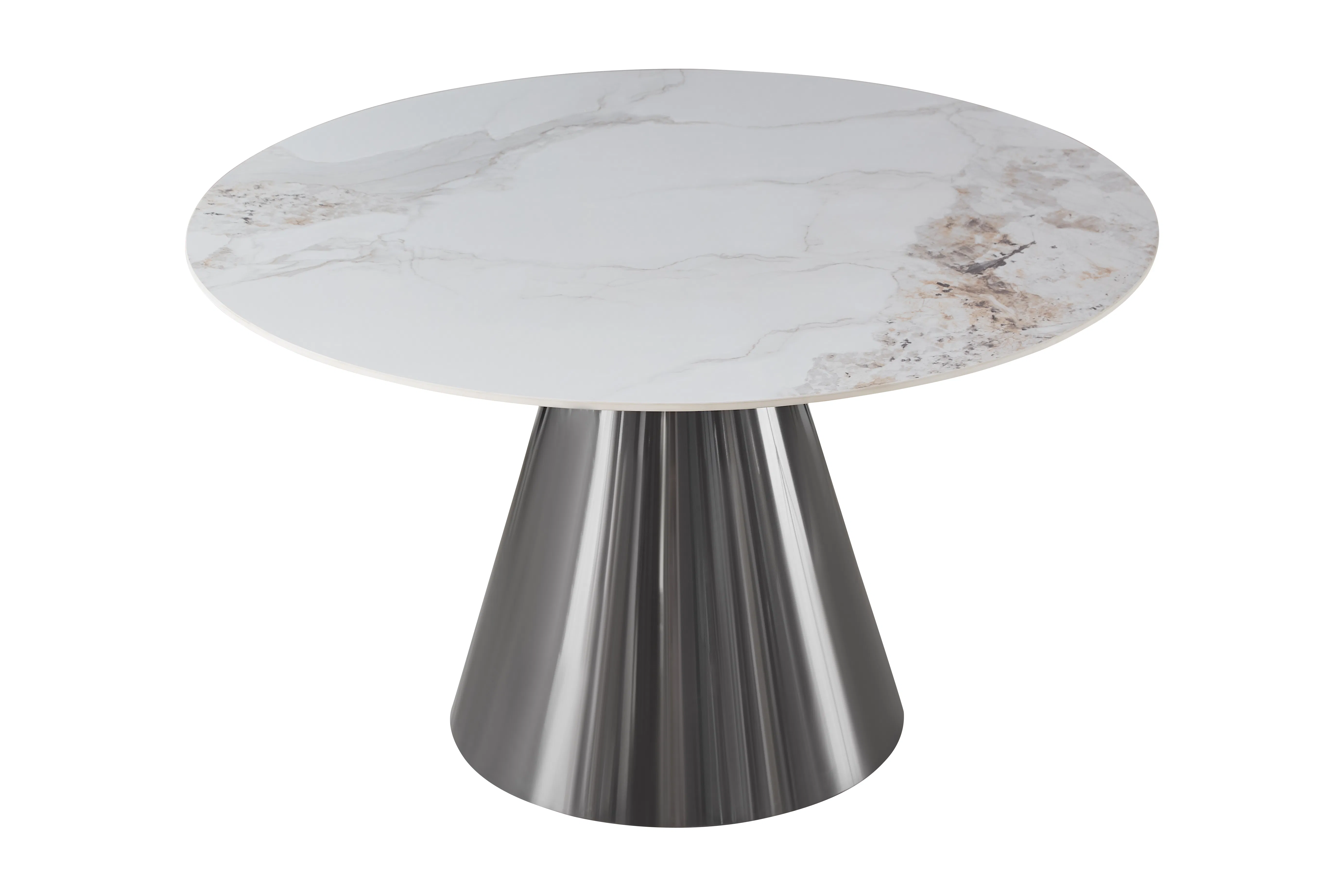 Mesa de Jantar Redonda de Pedra Sinterizada de Luxo Leve com Base Metálica Elegante