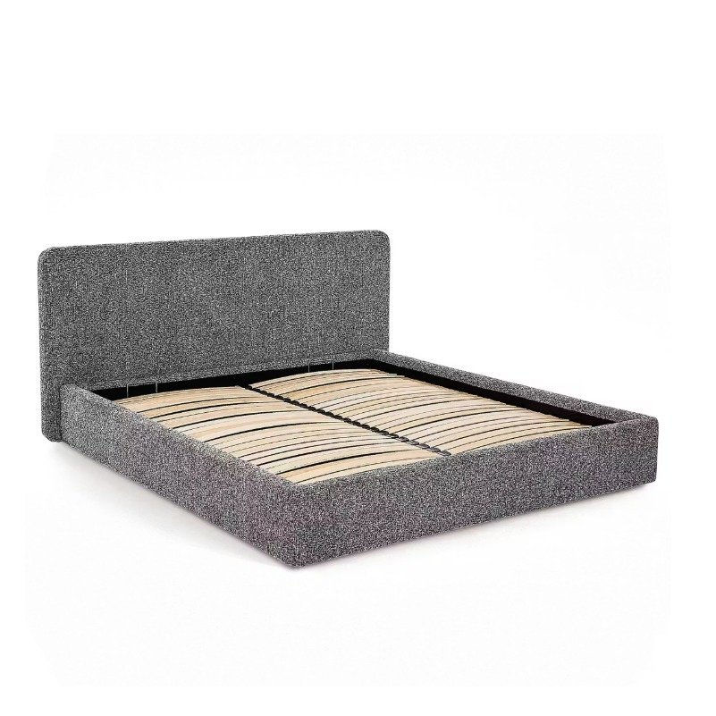 Cama de Quarto Estilosa Cama Contemporânea com Levantamento Cama Estofada em Tecido Boucle Cinza Cama com Espaço de Armazenamento Oculto Estrutura de Baixa Profundidade Cama Plataforma