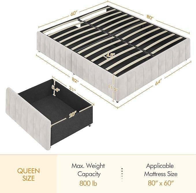 Fabricante Atacado Cama Plataforma Estofada, 4 Gavetas de Armazenamento, Grande Espaço de Armazenamento Barras de Madeira Sólida/Antiderrapante e Sem Ruído