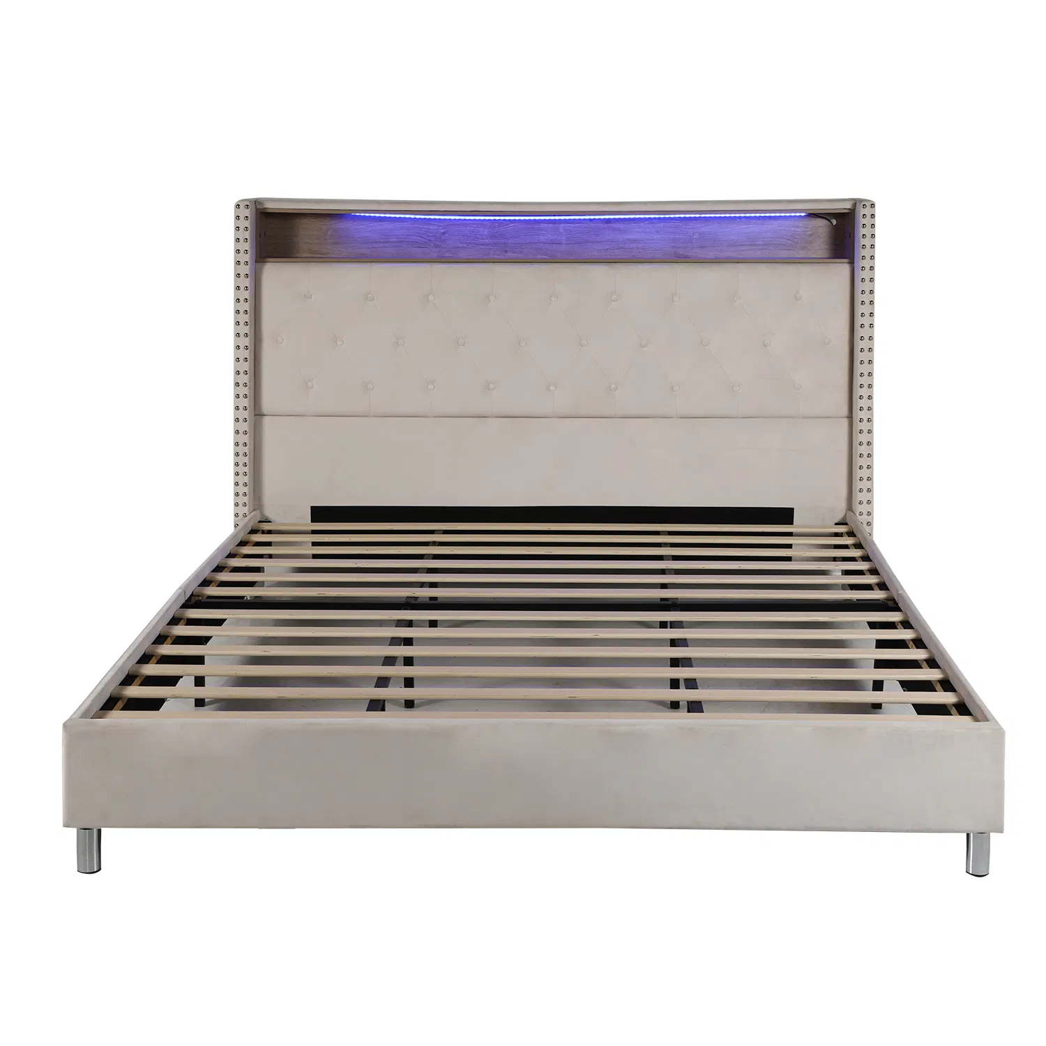 Estrutura de Cama Totalmente LED com 4 Gavetas de Armazenamento, Estrutura de Cama Estofada com Cabeceira Ajustável em Estilo Wingback, Decoração com Botões Dourados, Suporte de Ripas de Madeira Sólida