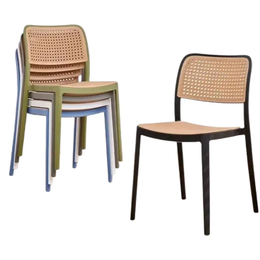 Cadeiras de Jantar Estofadas em Couro com Encosto de Vime Sem Braços Empilháveis de Rattan
