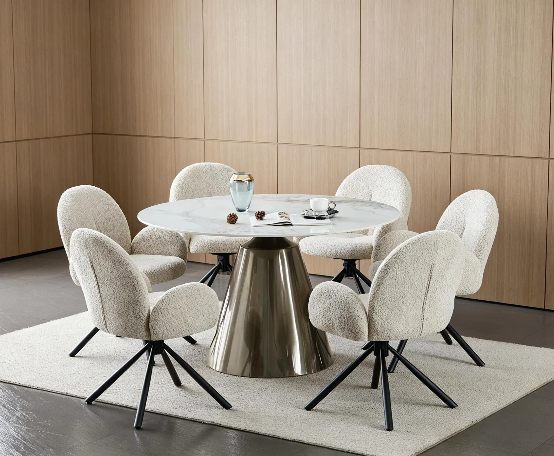 Mesa de Jantar Redonda de Pedra Sinterizada de Luxo Leve com Base Metálica Elegante
