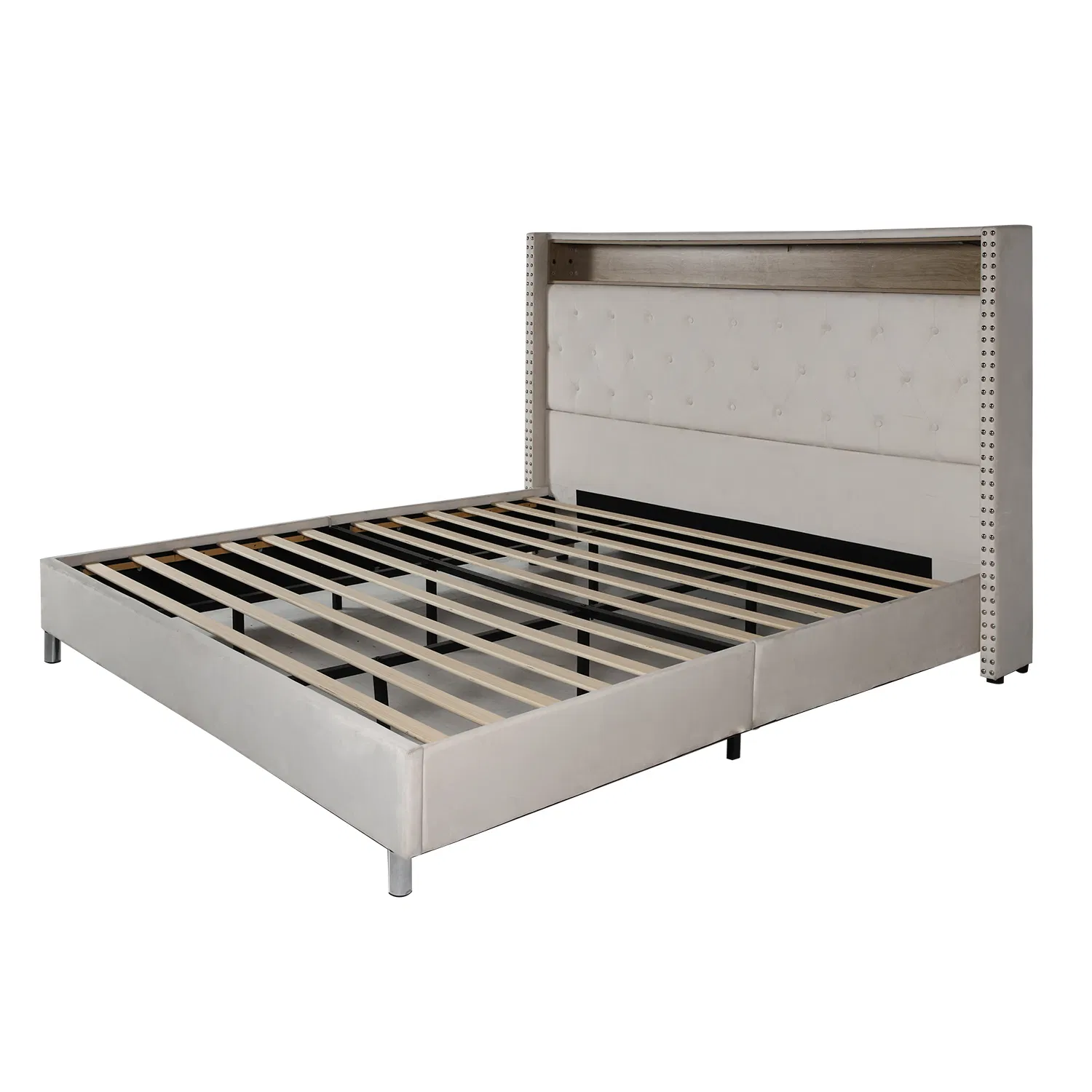 Estrutura de Cama Totalmente LED com 4 Gavetas de Armazenamento, Estrutura de Cama Estofada com Cabeceira Ajustável em Estilo Wingback, Decoração com Botões Dourados, Suporte de Ripas de Madeira Sólida
