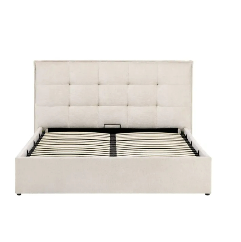 Cama Plataforma com Elevação Hidráulica Estofada Bege, Grande Espaço de Armazenamento Sob a Cama, Cabeceira Almofadada, Cama de Quarto com Estruturas Resistentes