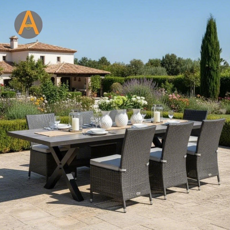 Mesa de Jantar Extensível em Vidro Cerâmico com Revestimento em Pó de Alumínio para Uso Externo Durável em Hotel, Restaurante, Bistrô, Jardim ou Quintal