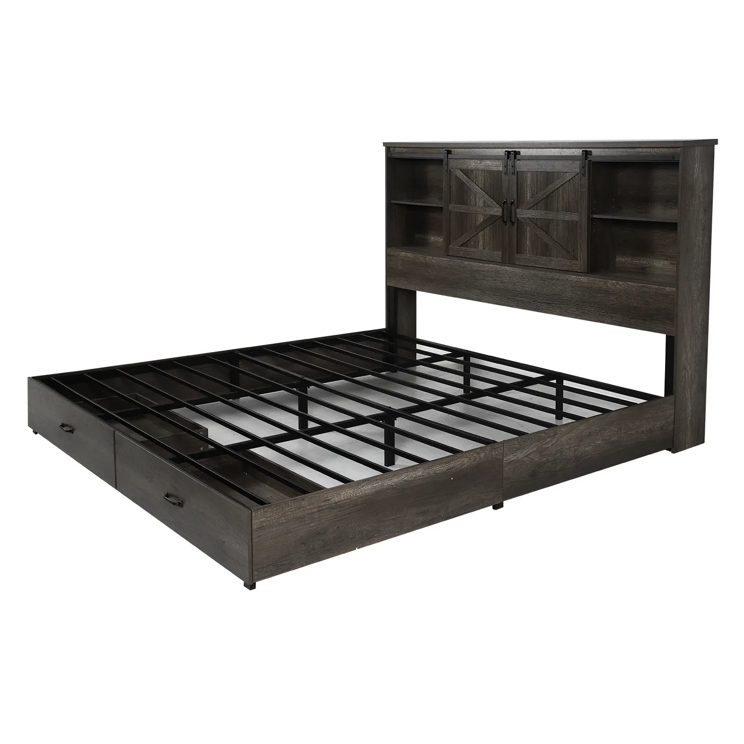 Cama de Armazenamento de Plataforma de Madeira para Rainha com Cabeceira de Estante, 2 Gavetas, Estação de Carregamento