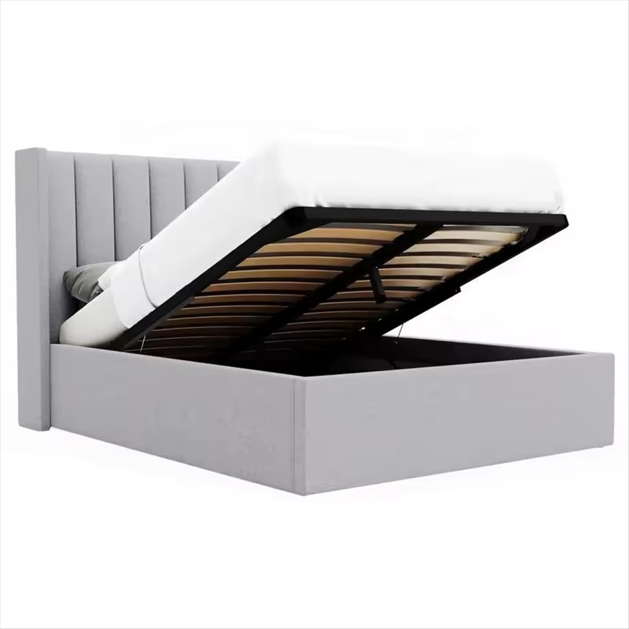 Cama estofada com armazenamento eficiente em espaço e levantamento a gás para roupas de cama e roupas