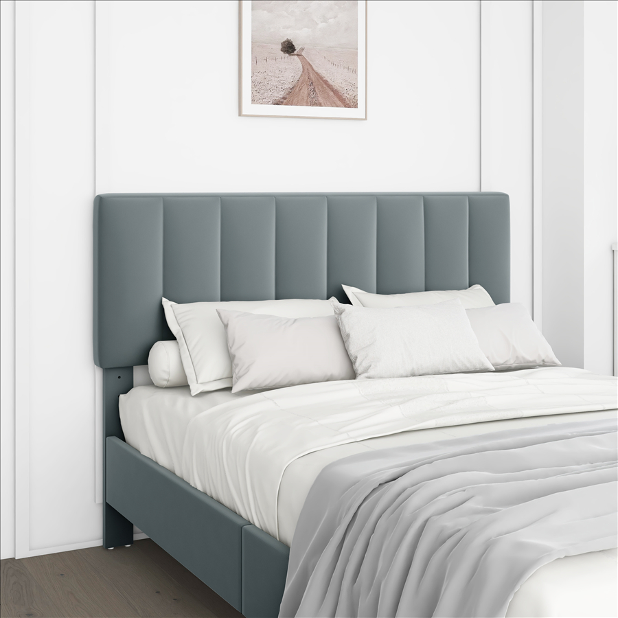 Cama plataforma estofada eficiente em espaço com armazenamento para layouts compactos
