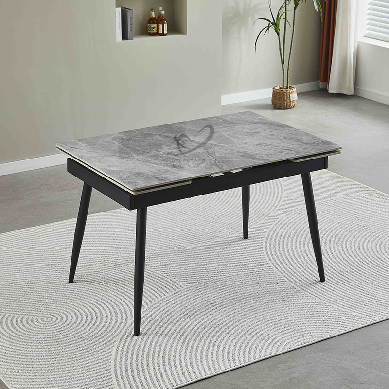 Melhor Preço Mesa de Jantar Extensível Cor Cinza Brilhante com Pernas Pretas Móveis para Sala de Jantar