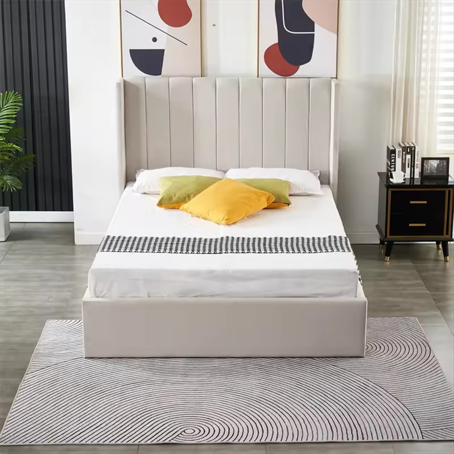 Cama estofada com armazenamento eficiente em espaço e levantamento a gás para roupas de cama e roupas