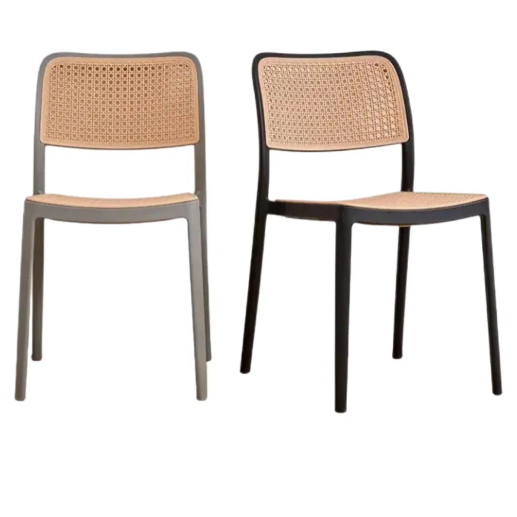 Cadeiras de Jantar Estofadas em Couro com Encosto de Vime Sem Braços Empilháveis de Rattan