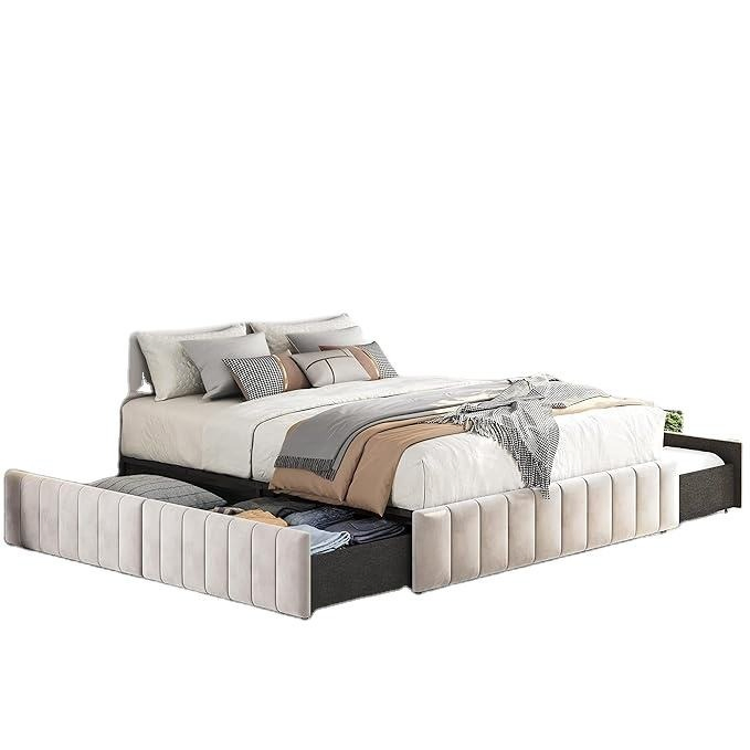 Fabricante Atacado Cama Plataforma Estofada, 4 Gavetas de Armazenamento, Grande Espaço de Armazenamento Barras de Madeira Sólida/Antiderrapante e Sem Ruído