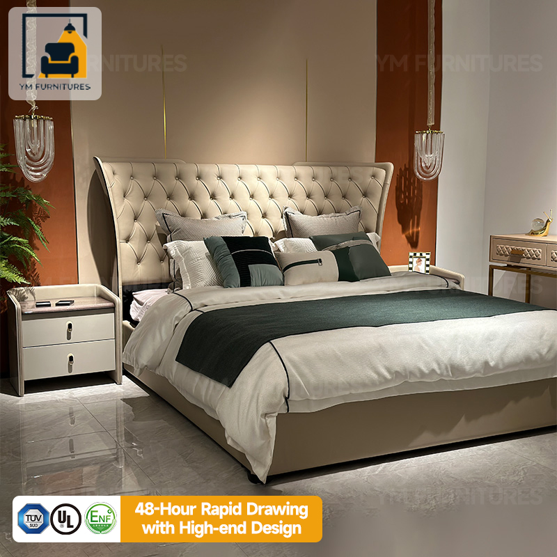 Cabeceira Estofada de Veludo Villa Master Leather Tuffed Mobiliário Cama King Size Dupla com Espaço de Armazenamento