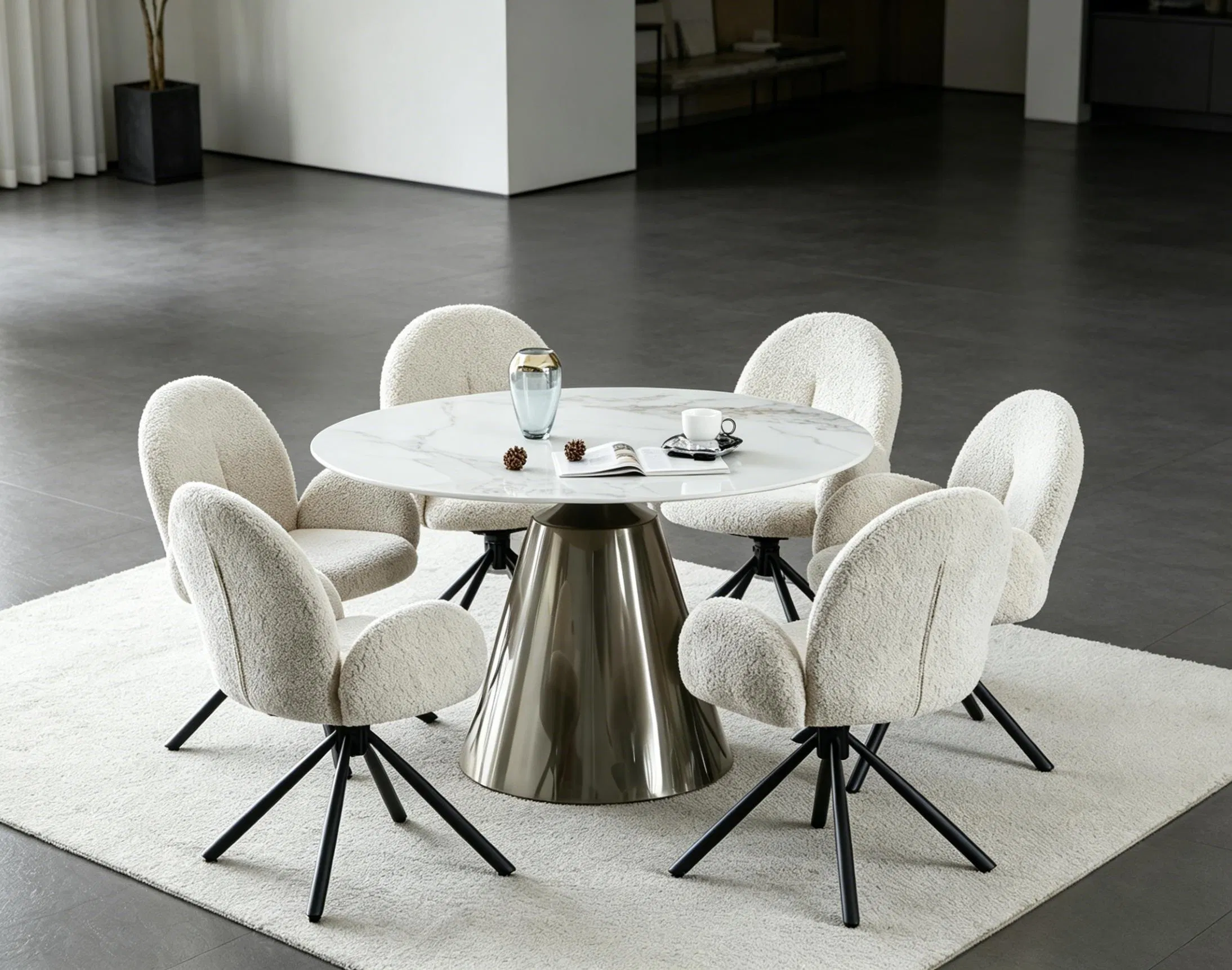Mesa de Jantar Redonda de Pedra Sinterizada de Luxo Leve com Base Metálica Elegante