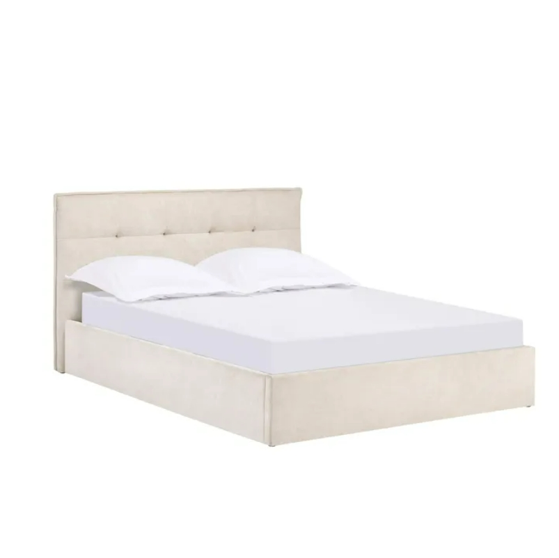 Cama Plataforma com Elevação Hidráulica Estofada Bege, Grande Espaço de Armazenamento Sob a Cama, Cabeceira Almofadada, Cama de Quarto com Estruturas Resistentes