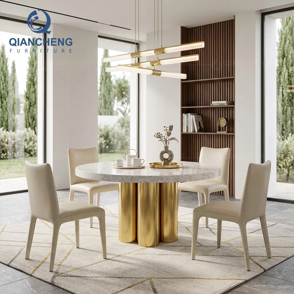 Mesa de Restaurante Redonda de Mármore Luxuosa Italiana com Base de Coluna Pedestal Dourada, Mesa de Jantar Sob Medida para Móveis de Casamento em Villa