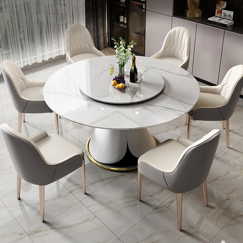 Conjunto de Jantar Redondo de Mármore com Tampo de Pedra Sinterizada Moderna de Luxo e Pernas Douradas Simples 6 Lugares