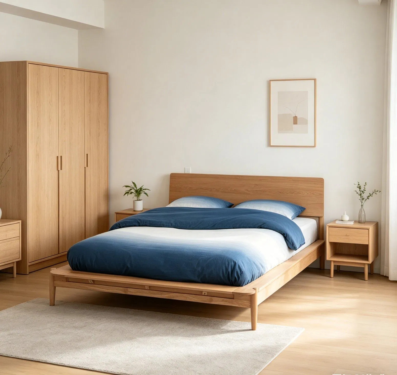 Cama plataforma moderna de madeira maciça flutuante com suporte de ripas para quarto