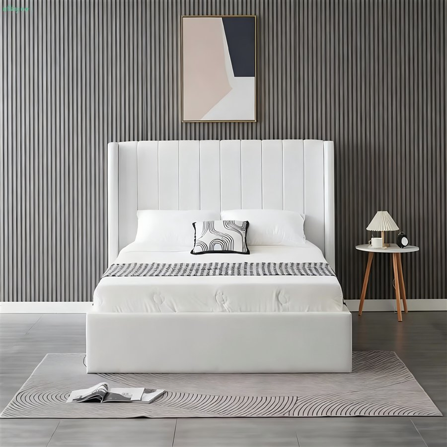 Cama estofada com armazenamento eficiente em espaço e levantamento a gás para roupas de cama e roupas