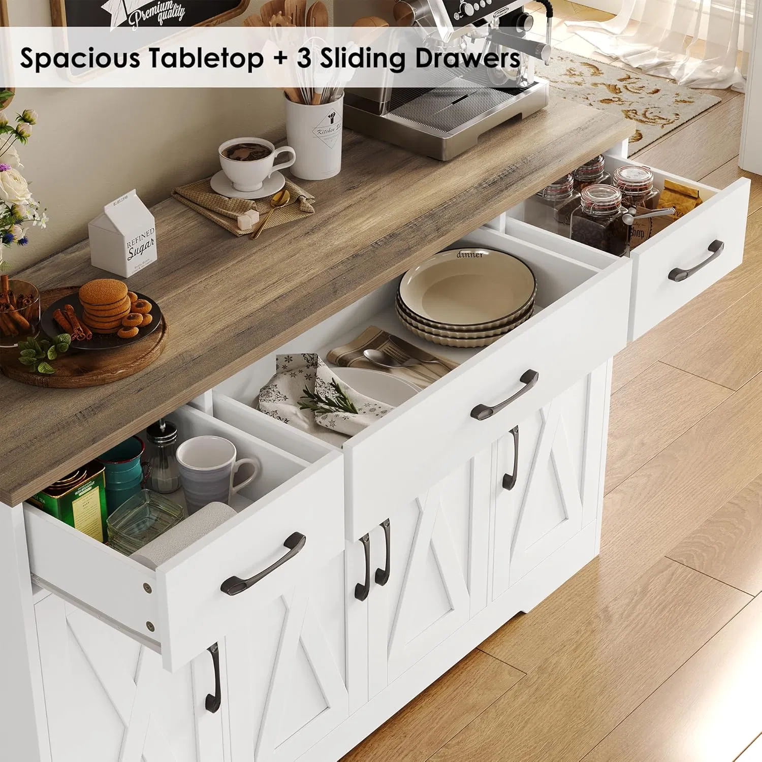 Buffet Lateral de Luxo Moderno com Gavetas, Armário de Armazenamento Elegante para Sala de Jantar
